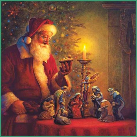 Santa with Nativity Greg Olsen, Modern Pictures, Merry Christmas Images, Holiday Wall Art, Vintage Santa Claus, Christmas Poster, Christmas Scenes, Christmas 2019, Cool Paintings