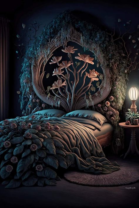 Crazy Room Ideas, Fey Aesthetic, Uni Dorm Ideas, Cottage Core Goth, Fantasy Bedrooms, Witchy Forest, Fantasy Places Art, Story Collage, Fantasy Home Decor