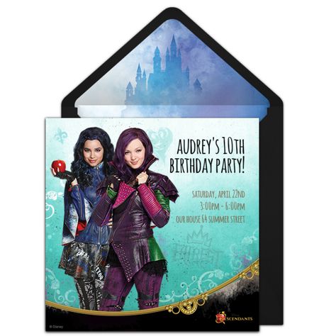 Check out this FREE Descendants online that you can send online via email. It's a great way to celebrate the birthday girl! Descendants Party Invitations Free Printable, Descendants Invitations Free, Descendants Party Invitations, Descendants Party Ideas, Descendants Birthday Party, Disney Invitation, Descendants Cake, Disney Descendants Party, Birthday Party Invitations Free