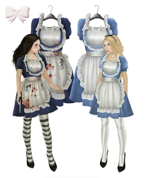 Normal Alice and Alice The Madness Returns costume ideas Emo Alice In Wonderland, Alice In Horrorland, Alice The Madness Returns, Cheshire Cat Cosplay, Evil Alice, Alice Halloween, Alice In Wonderland Outfit, American Mcgee’s Alice, Rick And Morty Stickers