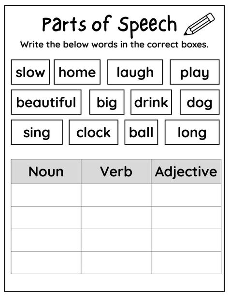 Verb Adjective Noun Worksheet, Verb Noun Adjective Worksheet, Nouns Verbs Adjectives Worksheet, Material Noun, Parts Of Speech Worksheet, Noun Verb Adjective, Nouns And Verbs Worksheets, Speech Worksheets, Adjectives Worksheet