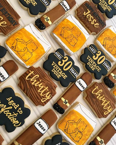 40th Birthday Ideas For Men Cigars, Men’s 30th Bday, Whiskey Theme Cookies, Husband Surprise 30th Birthday Party, 30 Bday Party Ideas For Men, Men’s Thirty Birthday Theme, 30th Cookies For Men, Funny 30th Birthday Themes For Guys, 30th Birthday Men Party