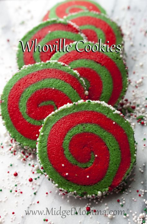 These Whoville cookies are a great take on a yummy sugar cookie. They are just two different colored sugar dough rolled up with fun sprinkles. Christmas Cookies Kids, Christmas Sugar Cookie Recipe, Pinwheel Cookies, Cookies Sugar, Christmas Cookie Exchange, Thumbprint Cookies, Cookies For Kids, Xmas Cookies, Christmas Sugar Cookies