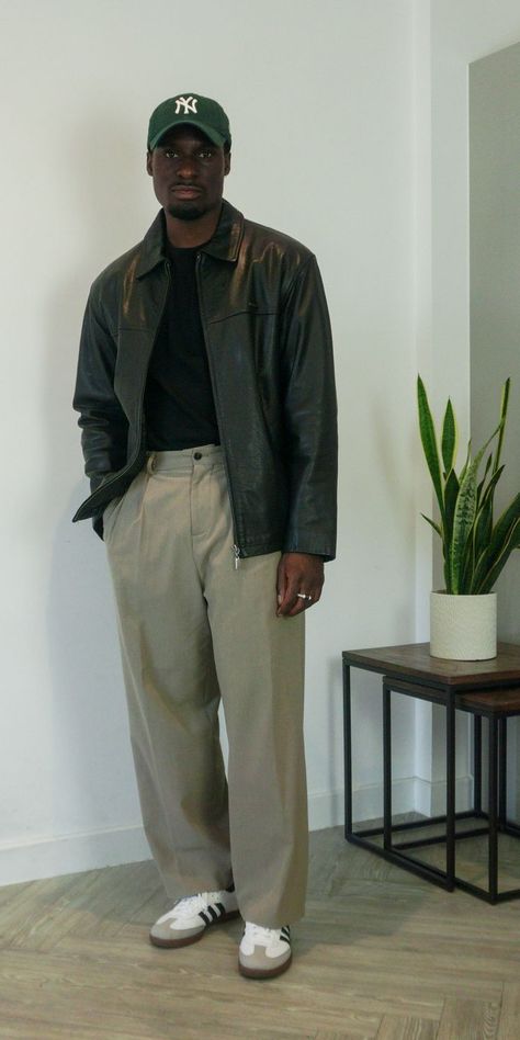 Adidas Samba styling and general styling  inspiration. Zara Men Outfits 2023, 2023 Leather Jacket, Men's Leather Jacket Outfit, Cap Outfits Men, Adidas Work Outfit, Men Outfit Ideas Winter, Leather Jacket Vintage Outfit, 550s Outfit, Thrifted Mens Fashion