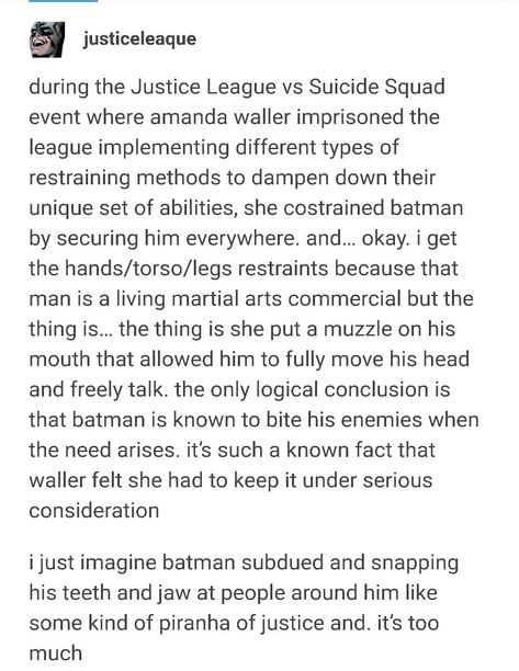 You don’t think she’s more worried about him bribing the guards or somehow talking his way out of his restraints? Justice League Headcanon, Justice League Tumblr, Justice League Funny, Batman Meme, Young Justice League, Batfamily Funny, League Memes, Superhero Memes, Batman Funny