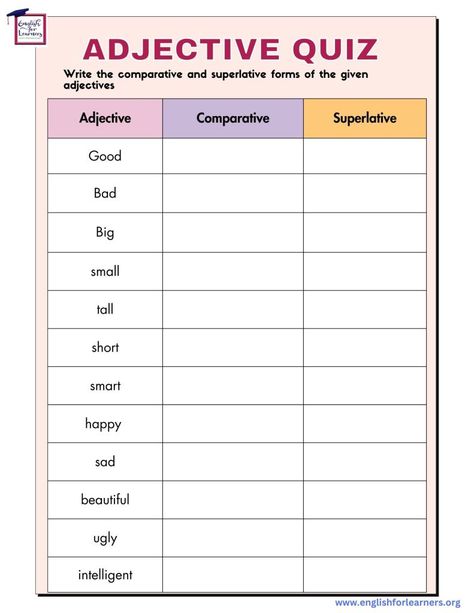 Adjective Of Comparison Worksheet, Superlative Adjectives Worksheets, Comparative And Superlative Worksheets, Adjective Comparative And Superlative, Adjective Quiz, Comparative Superlative, Vocabulary Worksheets, Grammar Worksheets, 3rd Grade