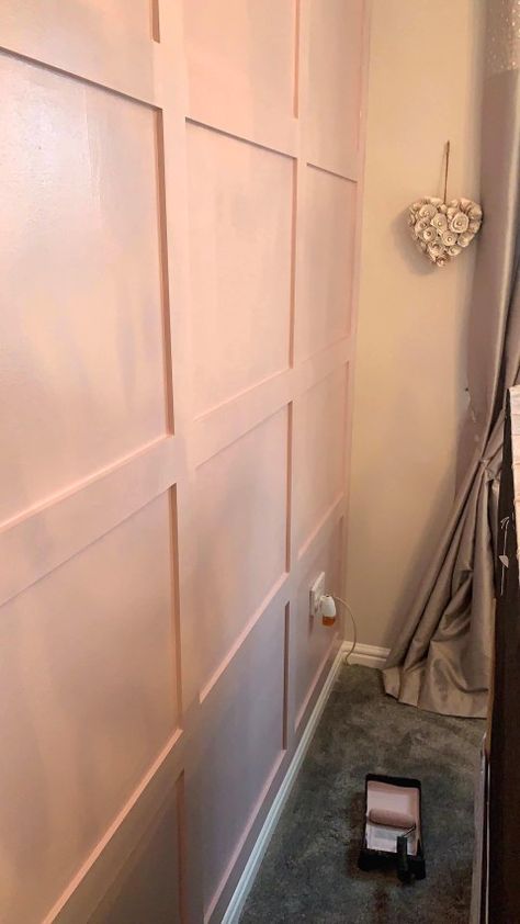 Pink Nursery Panelling, Blush Pink Wall Panelling, Pink Panneling Girls Room, Girls Bedroom Ideas Panelling, Pink Panelling Nursery, Blush Pink Bedroom Ideas For Women, Pink Panel Wall, Pink Panelling Bedroom, Pink Wall Panelling