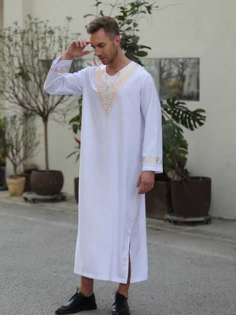 A Fashionable Printed V-Neck Men's Muslim Dresses Long Sleeve Striped Henley Shirts Kaftan Muslim Long Gown Thobe Robe For Men White Casual  Long Sleeve Polyester Colorblock  Non-Stretch All,Spring/Summer/Fall Men Traditional & Cultural Wear, size features are:Bust: ,Length: ,Sleeve Length: Cultural Wear, Muslim Dresses, Long Gown, Henley Shirts, White Casual, Primavera Estate, Autumn Summer, Long Sleeve Dress, Spring Summer