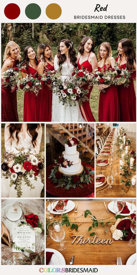 Red bridesmaid dresses on sale under $100, in 600+ custom-made styles and all sizes, white bridal gown, white and red flower and greenery bouquet, wedding cake décor and wedding table centerpieces, red napkins. #colsbm #bridesmaids #bridesmaiddresses #weddingideas #redwedding #bouquets #weddingcake #weddingtabledecor #weddingcenterpieces #reddress b2249 Crimson Red And White Wedding, Bright Red Wedding Theme, White And Red Wedding Decorations, Red White Gold Wedding, Summer Red Wedding, Wedding Red Theme, Red White And Gold Wedding, Red Summer Wedding, Crimson Red Wedding