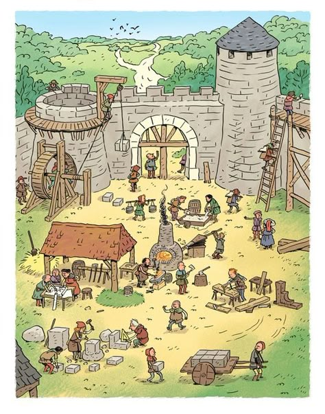 Castle Layout, Village Drawing, Castle Illustration, Viking Village, Medieval Market, Ancient Writing, Chateau Medieval, Historical Illustration, Medieval Life