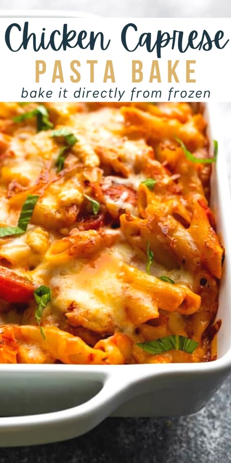 Chicken caprese pasta bake is an easy freezer-friendly meal that can be baked up fresh, or from frozen! A weeknight dinner that bakes up in 40 minutes, and whole family will enjoy! Pasta Food Prep Ideas, Chicken Caprese Pasta Bake, Freezer Pasta Bake, Caprese Chicken Casserole, Caprese Pasta Bake, Chicken Caprese Pasta, Baked Caprese Chicken, Grilled Chicken Pasta, Pasta Calories