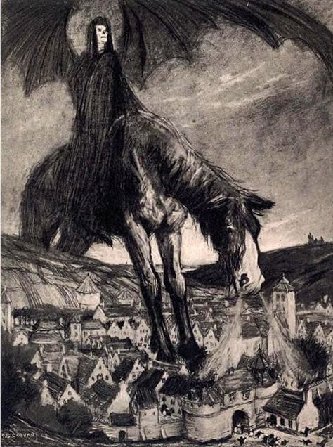 The victim by  Alfred Tennyson Plague Arriving Illustration by Frederick Simpson Coburn 1909 Museum Of Curiosity, Alfred Lord Tennyson, Gustave Dore, The Plague, Art Prints Online, Medieval Town, Canadian Artists, Water Based Ink, Dark Art