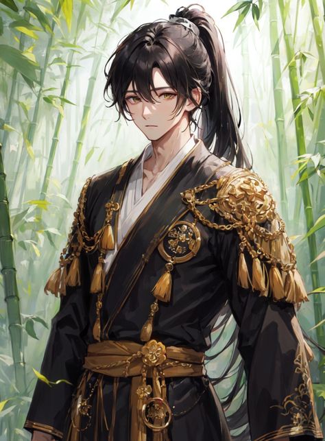 Boy, dark long hair, ponytail, bamboo forest Dark Long Hair, Anime Ponytail, Aoi Art, Man Ponytail, Anime Boy Long Hair, Anime Hairstyles Male, Boy Dark, Long Hair Ponytail, Chinese Cartoon