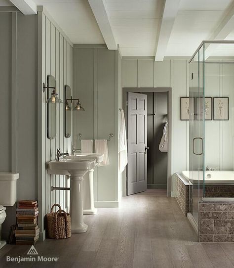 gray-mirage-kohler-benjamin-moore-muted-green Farmhouse Bathroom Design, Small House Interior, Small House Interior Design, Revere Pewter, Bathroom Farmhouse Style, Bathroom Design Trends, Farmhouse Master, Country Bathroom, Modern Farmhouse Bathroom