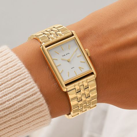 Rectangle Watch, Chic Parisian Style, Geometric Architecture, Jewelry Lookbook, Elegant Bracelet, Parisian Style, Gold Watch, Clean Lines, Everyday Outfits