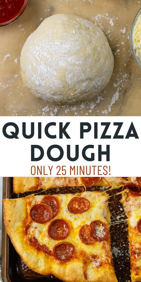 Need a homemade pizza crust ASAP? This recipe will get you a fluffy pizza crust with crispy edges in 25 minutes. You need a few simple ingredients like all purpose flour and instant yeast. Make a double batch of and freeze the second dough for a quick and easy homemade pizza later. This will make one pound of pizza dough. Quick Pizza Crust, Yeast Pizza Dough, Pizza Dough Recipe Quick, Pizza Crust Recipe Easy, Quick Pizza Dough, No Yeast Pizza Dough, Easy Pizza Crust, Thin Crust Pizza Dough, Best Pizza Dough Recipe