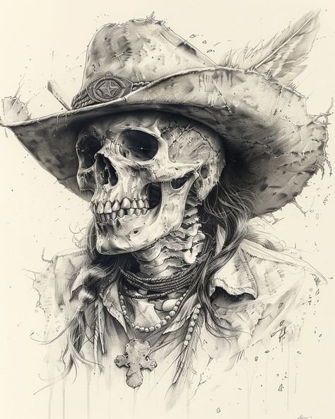 Skeleton With Crown Tattoo, Cowboy Skull Tattoo Design, Western Goth Tattoo, Dead Cowboy Tattoo, Antique Tattoo Ideas Vintage, Skull Cowboy, Cowboy Skull, Cowboy Skull Tattoo, Skeleton Cowboy Tattoo