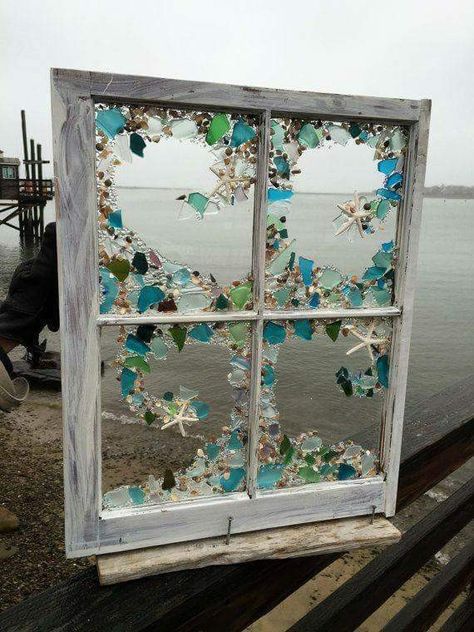 Sea Glass Window Summer Interior Design, Sea Glass Window Art, Sea Glass Window, Window Crafts, Beach Glass Crafts, Art Coquillage, Glass Window Art, Beach Glass Art, Sea Glass Crafts