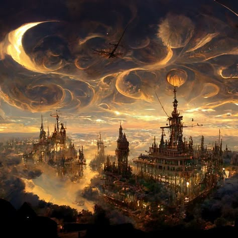 Celestial Kingdom Aesthetic, City In The Sky Fantasy Art, Fantasy Flying City, Star Castle Aesthetic, Star Kingdom Aesthetic, Fantasy Urban City, Steampunk Sky City, Steampunk Fantasy World, Fantasy City Skyline