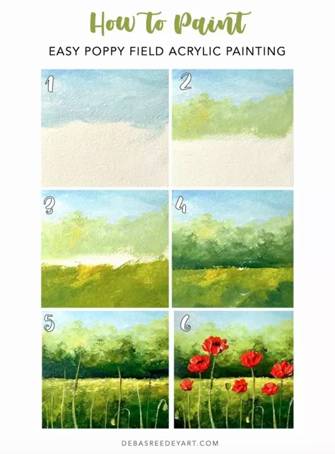 Easy poppy field painting - Debasree Dey Art How To Draw Field Of Flowers, How To Paint Poppies Acrylics, Easy Painting Class Ideas, Easy Guided Painting, Poppy Fields Painting, How To Paint A Field, Field Of Flowers Painting Easy, Easy Art Inspiration Painting, Beginner Acrylic Painting Tutorials Step By Step