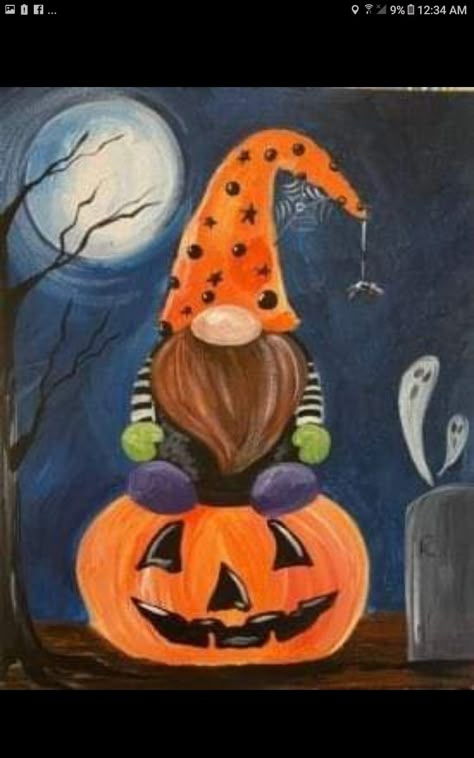 Halloween Gnome Painting Canvas, Gnomes Painting, Easy Halloween Paintings, Painted Gnomes, Seasonal Gnomes, Halloween Canvas Paintings, Gnome Paint, Gnome Pictures, Fall Canvas Painting