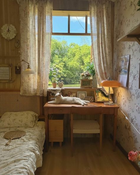 Countryside Bedroom Aesthetic, Village House Interior Design, Dark Cottagecore Aesthetic Bedroom, Forest Aesthetic Bedroom, Cottagecore Aesthetic Bedroom, Home Library Aesthetic, Cozy Bedroom Aesthetic, Aesthetic Cottagecore, House Cat