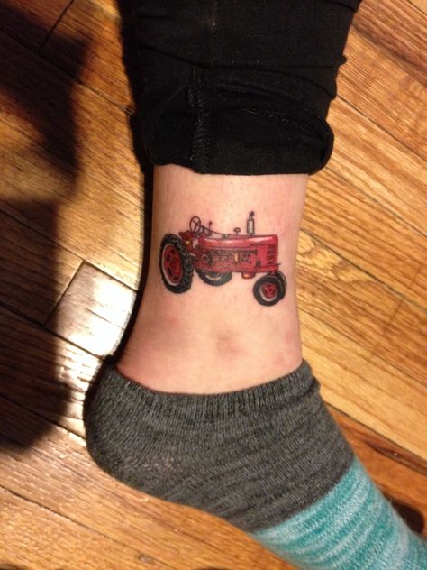 Farmall H tractor Farm Themed Tattoo, Farming Memorial Tattoos, Fine Line Tractor Tattoo, Tractor Tatoos, Tractor Tattoo Ideas, Tiny Tractor Tattoo, Small Tractor Tattoo, Tractor Tattoo, Farmall Tractor Tattoo