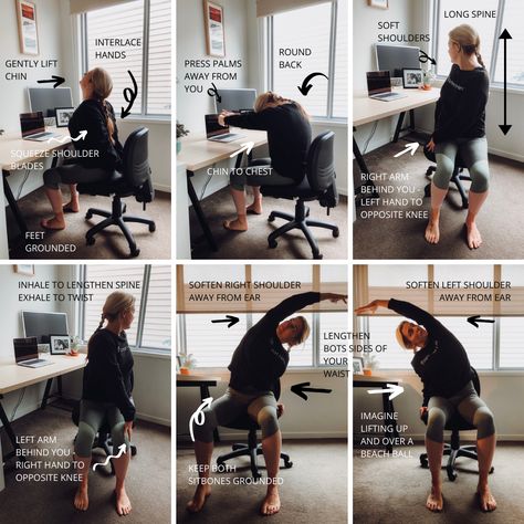 Desk stretches for office workers. Try to do these a few times per day. If you get funny looks from your colleagues, give them a funny look back :) Office Stretching, Office Stretches, Office Desk Stretches, Desk Stretches At Work, Desk Job Workouts, Office Chair Stretches, Stretches For Office Workers, Desk Stretches, Office Workout