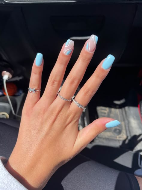 Blue Nail Marble, Light Blue Nail Designs Summer, Cute Nails Acrylic Light Blue, Blue Nail Inspo Gel, Nails That Match Light Blue Dress, Summer Nails No Acrylic, Blue Nails For Vacation, Summer Acrylic Nails Light Blue, Light Blue And White Nail Designs