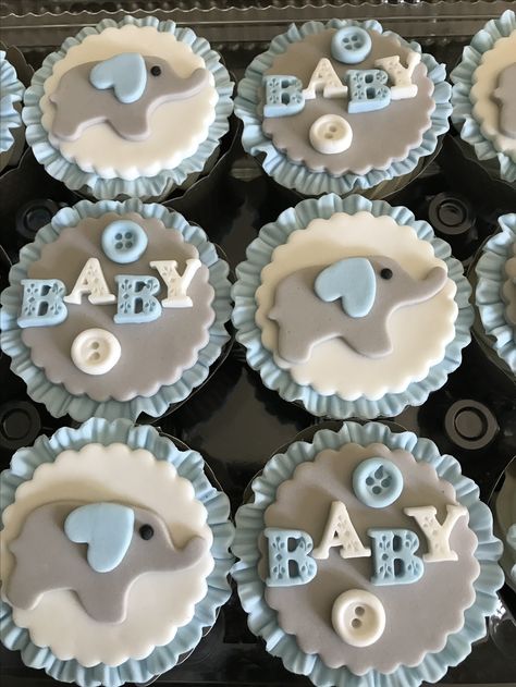 Elephant Cupcakes Ideas, Elephant Cupcake Cake, Cupcake Elephant, Its A Boy Cupcakes, Elephant Theme Desserts, Elephant Cupcake Toppers, Fondant Elephant Cake Topper, Baby Shower Cupcakes For Boy, Baby Boy Cupcakes