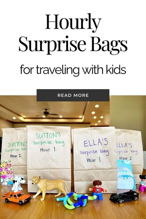 Hourly surprise bag ideas for long road trips or airplane rides. Photo includes brown paper bags labeled with child's name and small toy and activities to put inside. Kids Car Travel Ideas, Disney Road Trip Ideas For Kids, Road Trip Entertainment For Kids, Long Road Trip Essentials For Kids, Road Trip With Kids Hacks, Toddler Road Trip Essentials, Road Trip Toddlers, Long Road Trip Ideas For Kids, Car Trip Ideas For Kids