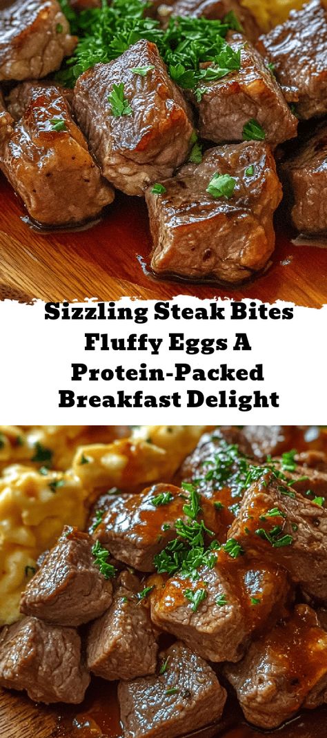 Elevate your breakfast with these Sizzling Steak Bites & Fluffy Eggs! This protein-packed dish features tender sirloin steak marinated to perfection, paired with creamy scrambled eggs that melt in your mouth. Ready in just 30 minutes, it's the perfect way to impress family or guests for any occasion. Whether you're hosting brunch or enjoying a cozy weekend morning, this recipe offers an explosion of flavors and textures. Discover how to create this classic American breakfast staple wit Steak And Scrambled Eggs, Steak Breakfast Ideas, Steak And Eggs Breakfast, Steak Marinated, Steak Breakfast, Hosting Brunch, Creamy Scrambled Eggs, Cozy Weekend, Fluffy Eggs