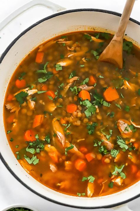 Easy Chicken Lentil Soup Recipe - iFoodReal.com Lentil Chicken, Instant Pot Lentil Soup, Chicken Lentil Soup, Slow Cooker Lentil Soup, Rotisserie Chicken Soup, Chicken Lentil, Lentil Chili, Slow Cooker Lentils, Lentil Soup Recipe