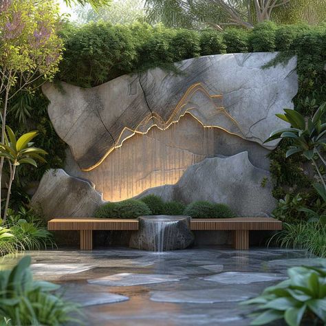 Discover the Timeless Beauty of Stone Art Wall Design • 333+ Images • [ArtFacade] Feature Walls Ideas, Modern Wall Waterfall Outdoor, Wall Design Outdoor, Waterfall Feature Wall, Garden Wall Ideas, Green Wall Balcony, Green Wall Garden, Balcony Wall Ideas, Art Wall Design