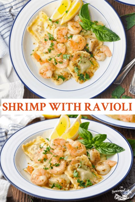 Shrimp with Ravioli is a quick and easy dinner recipe that tastes like a special meal from a little Italian bistro. A pesto, tomato and white wine sauce brings the fresh, flavorful dish together -- in less than 30 minutes! Shrimp Recipes | Shrimp Pasta Recipes Shrimp Ravioli Recipe, Recipes Ravioli, Tomato Pesto Sauce, Pasta Healthy, Spinach Ravioli, Italian Bistro, Easy Pasta Dinner, Ravioli Recipe, White Wine Sauce