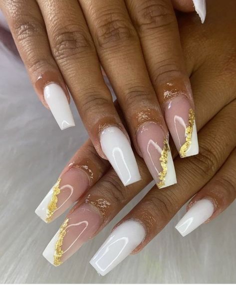 White And Gold Nails, White Nails With Gold, Gold Acrylic Nails, White And Silver Nails, Gold Nail Designs, Formal Nails, Gold Glitter Nails, Gold Nail, White Acrylic Nails