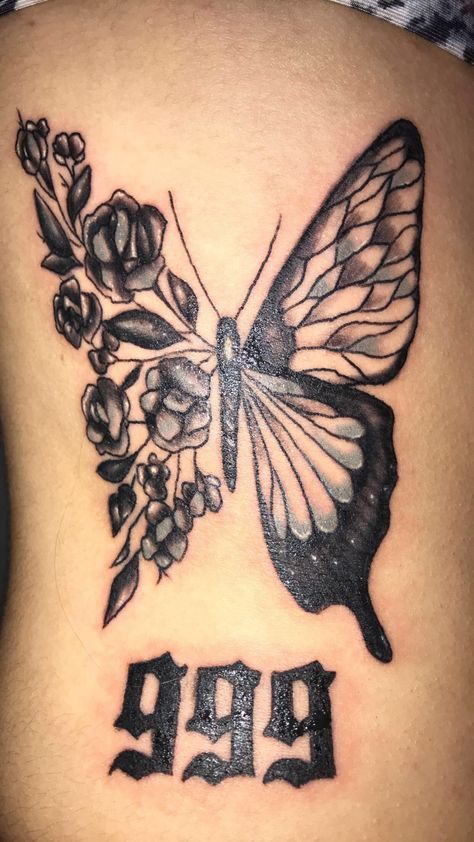 999 Butterfly Tattoo, 999 Tattoo With Butterfly, Butterfly 222 Tattoo, 444 And Butterfly Tattoo, Juice World Tattoo Design, Flaws And Sins Tattoo, 999 Juice Wrld Tattoo, 999 Tattoo Juice Wrld, Ally Lotti Tattoo