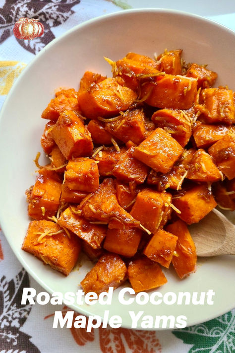 Roasted Yams with Maple Syrup and Coconut Vegan Roasted Yams Recipe, 4 Th Of July Food, Vegan Sweet Potato Recipes, Roasted Yams, Roasted Coconut, Vegan Thanksgiving Dinner, Sweet Potato Thanksgiving, Vegetable Casserole Recipes, Gratitude Day