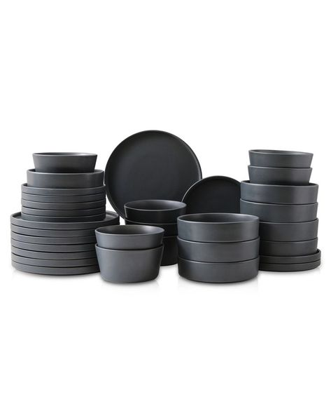 Make a loud statement with your dishes. The Stone Lain 32 piece stoneware round dinnerware set is unforgettable. The perfect balance between trendy cool and modern classicism, these round plates and bowls turn every table into a hip party. It includes 8 large round 10.25" dinner plates, 8 round 7.5" salad plates with a unique lipped edge, 8 deep round 5.63" Asian-style bowls and 8 round 7" pasta bowls. These home essentials are expertly crafted, [Collection] Matte Dinnerware Set, Black Dishes Aesthetic, Vintage Kitchen Supplies, Black Kitchen Essentials, Kitchen Items Aesthetic, Black Plates Table Setting, Black Kitchenware, Matte Black Kitchen Accessories, Black Pots And Pans