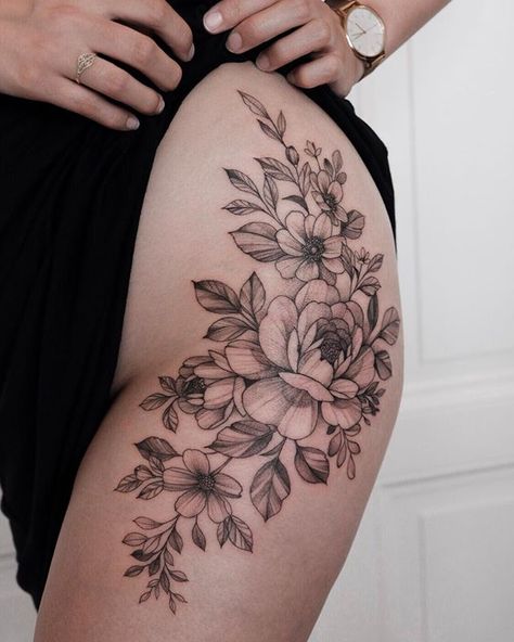 s e r g e 🦋 (@sergetattooer) Floral Tattoo Thigh Hip, Floral Waist Tattoo, Non Floral Hip Tattoos, Thigh Garden Tattoo, Flower Hip Tattoo Thigh Piece, Large Floral Hip Tattoos Women, Flower Thigh Tattoos, Floral Thigh Tattoos, Hip Thigh Tattoos