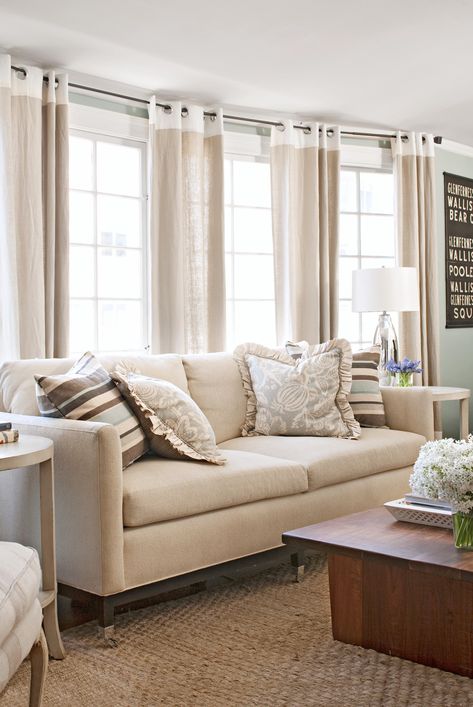 Large Windows Living Room, 3 Window Curtains, Living Room Window Decor, Large Window Treatments, Tan Couch, Condo Decor, Window Curtains Living Room, Window Treatments Living Room, Curtain Ideas