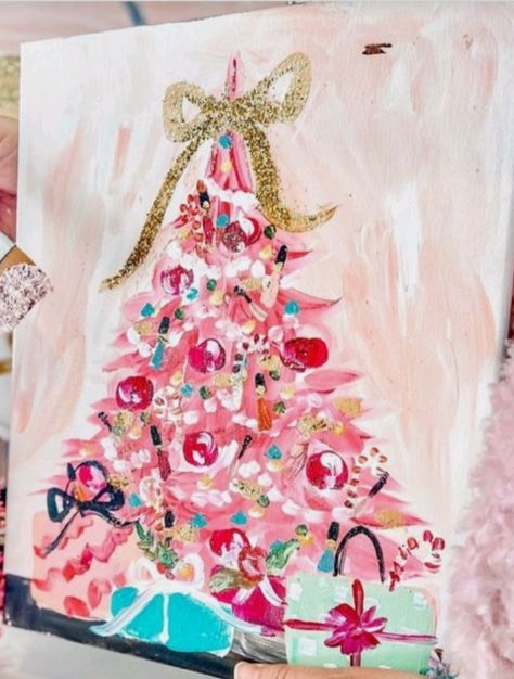 Girly Christmas Paintings, Xmas Painting Ideas Canvas Art, Modern Christmas Painting, Pink Christmas Tree Painting, Pink Christmas Canvas Painting, Pink Christmas Paintings On Canvas, Christmas Paintings Aesthetic, Preppy Christmas Paintings, Christmas Aesthetic Painting