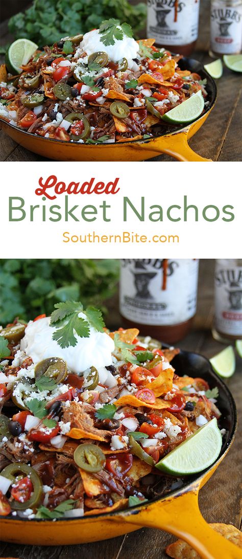 Loaded Brisket Nachos Brisket Nachos, Slow Cooker Brisket, Chicken Nachos, Brisket Recipes, Nachos Recipe, Recipe Chicken, Beef Brisket, Cast Iron Skillet, Camping Food