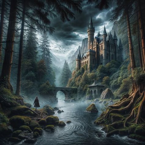 A mysterious journey to a majestic castle in a mysterious forest near the water Castle In Forest, Castle By The Sea, Forest Castle, Majestic Castle, Alex Volkov, Haunted Castles, Mysterious Forest, Story Edit, Haunted Castle