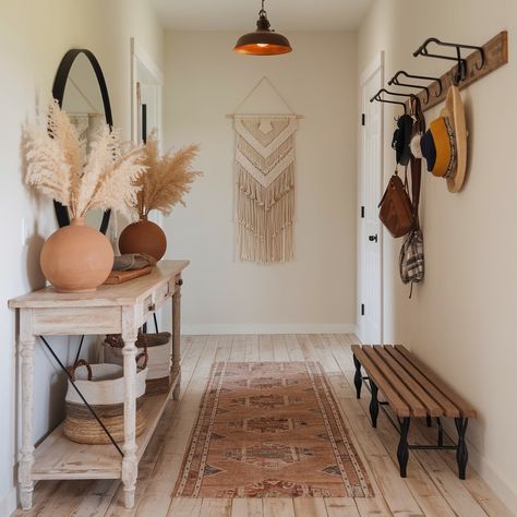 Modern Farmhouse Boho House🧡🧡🧡 Boho Farmhouse Apartment, Clean Boho Aesthetic, Neutral Boho Home, Boho Farmhouse Bedroom, Modern Organic Decor, Montana Cabin, Urban Boho, Bohemian Farmhouse, Entry Hallway