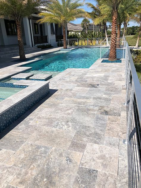 Gray Pool Deck idea using Natural Stone Pavers to create a natural oasis. Marble Pool Deck, Travertine Pool Deck, Poolside Design, Travertine Deck, Travertine Pool Decking, Pool Coping Tiles, Pool Tile Ideas, Pool Paving, Travertine Pool Coping