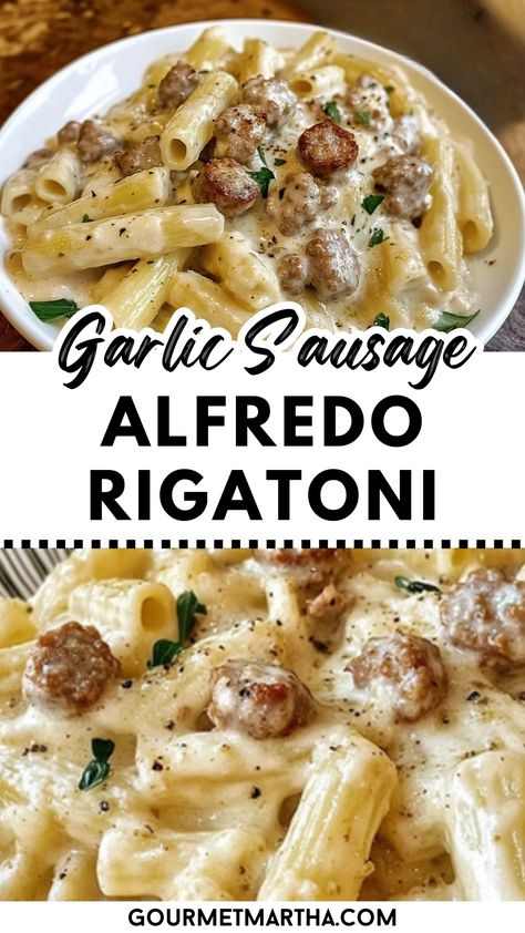 This creamy, garlicky sausage Alfredo rigatoni is a comforting twist on a classic pasta dish, loaded with savory sausage and a velvety, cheesy Alfredo sauce. Perfect for a cozy dinner or an easy family meal. Don’t miss this recipe – pin it for later. #garlicsausage #alfredorigatoni #pastarecipe #easydinner #comfortfood #familydinner #creamyalfredo #weeknightmeals #pastalovers Ground Sausage Alfredo Pasta Recipes, Alfredo With Italian Sausage, Creamy Roasted Garlic Sausage Alfredo Rigatoni, Italian Sausage And Alfredo Sauce, Sausage And Alfredo Sauce, Cheesy Sausage Pasta Recipes, Filling Pasta Recipes, Dinner Ideas With Turkey Sausage, Italian Rope Sausage Recipes