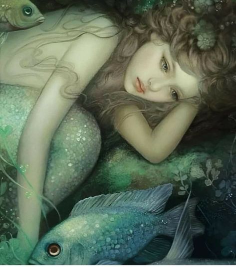 I must be a mermaid. I have no fear of depth And a great fear of shallow living Anais Nin Painting by Annie Stegg Mermaid Portrait, Annie Stegg, Mermaid Artwork, Mermaid Under The Sea, Mermaid Painting, Fantasy Drawings, Fairytale Illustration, Sea Witch, Mythical Beast