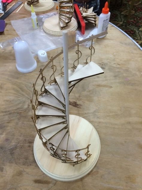 mini class workshop in venice, fl. spiral staircase, diy, miniature, craft Miniature Spiral Staircase Diy, Dollhouse Spiral Staircase Diy, Dollhouse Spiral Staircase, Miniature Houses Diy How To Make, Staircase Victorian, Diy Spiral Staircase, Miniature Crafts Diy, Miniature Staircase, Miniature Furniture Diy