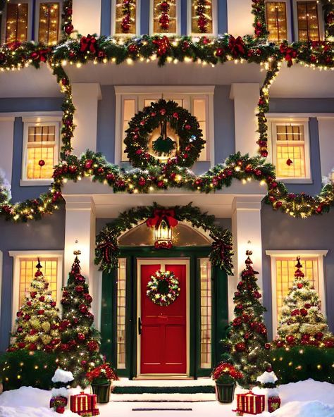 ✨ 🎀 CHRISTMAS ATMOSPHERE in October 🎀✨ 🎄🎅🏻❄️ 🦌 🦌 🦌 🦌 📸: Hello, I create these pictures with the AI. AI-generated photos are not real but… | Instagram Christmas Facade Decoration, Christmas Exterior, Christmas House Lights, Winter Schnee, Modern Christmas Decor, Christmas Room Decor, Christmas Room, Whimsical Christmas, Christmas Decorations Rustic